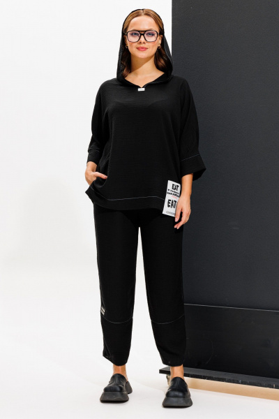 Летний комплект блузка с капюшоном и брюки бананы Anastasia 1118 черный - фото 8