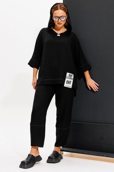 Летний комплект блузка с капюшоном и брюки бананы Anastasia 1118 черный - фото 7