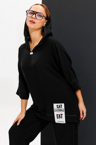 Летний комплект блузка с капюшоном и брюки бананы Anastasia 1118 черный - фото 4