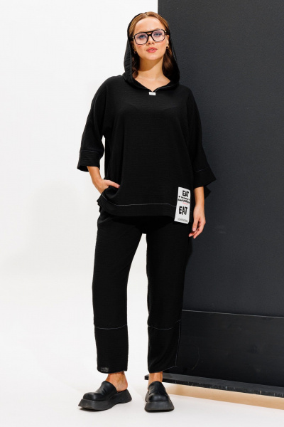 Летний комплект блузка с капюшоном и брюки бананы Anastasia 1118 черный - фото 1