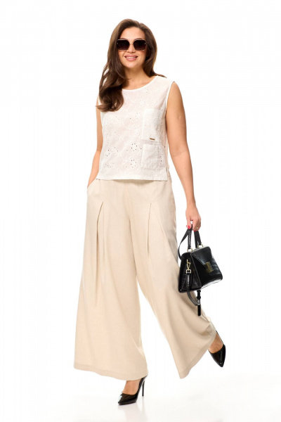 Летний комплект блузон и палаццо из вискозы Taita plus 2419 молоко+беж - фото 4