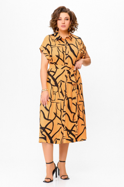 Лен оранжевое платье-рубашка с расклешением и карманами Swallow 740 светло-оранжевый/чёрный_принт - фото 3