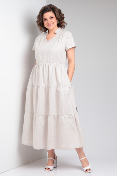 Льняное платье макси с воланами и V-образным вырезом Celentano lite 5028.1 натуральный - фото 1