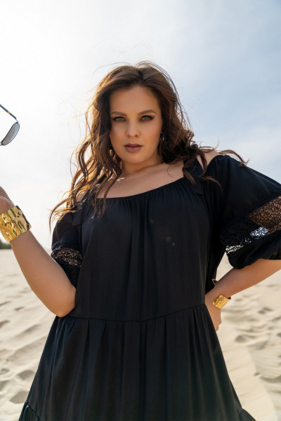 Легкое платье на бретелях с кружевными вставками и воланами Andina 829 чёрный - фото 3