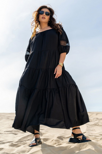 Легкое платье на бретелях с кружевными вставками и воланами Andina 829 чёрный - фото 5