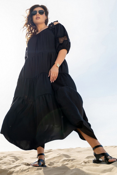 Легкое платье на бретелях с кружевными вставками и воланами Andina 829 чёрный - фото 4