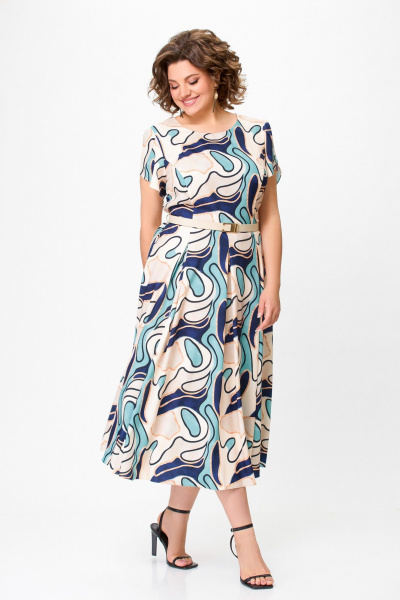 Платье с расклешенной юбкой и ремнем Swallow 725.1 светло-бежевый_принт_абстракция - фото 9