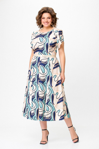 Платье с расклешенной юбкой и ремнем Swallow 725.1 светло-бежевый_принт_абстракция - фото 8