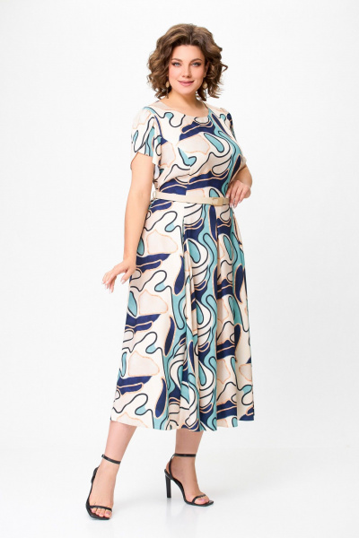 Платье с расклешенной юбкой и ремнем Swallow 725.1 светло-бежевый_принт_абстракция - фото 7