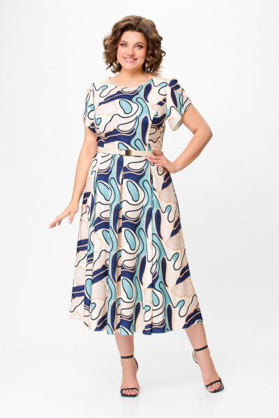 Платье с расклешенной юбкой и ремнем Swallow 725.1 светло-бежевый_принт_абстракция - фото 3