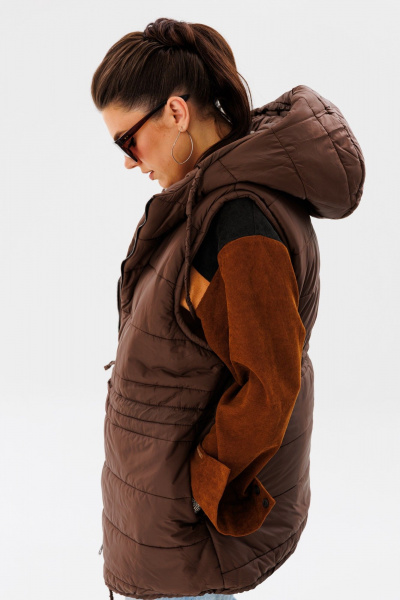 Удлинённый жилет из стёганой плащёвой ткани с капюшоном Anelli 1386 соболь - фото 6