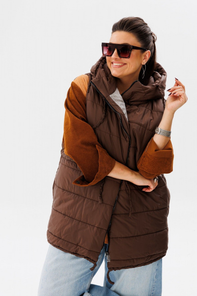 Удлинённый жилет из стёганой плащёвой ткани с капюшоном Anelli 1386 соболь - фото 1