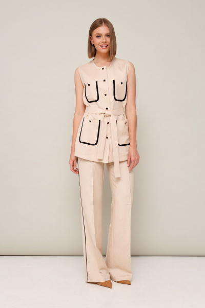 Бежевый летний элегантный комплект жилет и брюки из текстиля PUR PUR 11-294 - фото 1