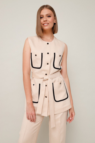 Бежевый летний элегантный комплект жилет и брюки из текстиля PUR PUR 11-294 - фото 2