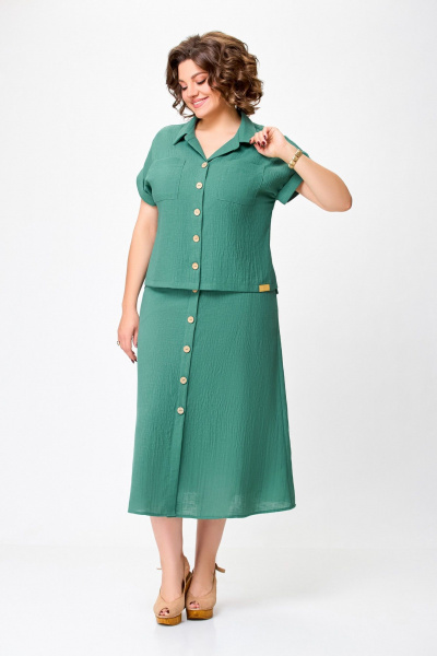 Лененый костюм блуза и юбка с разрезами Swallow 750.2 светлый_изумруд - фото 2