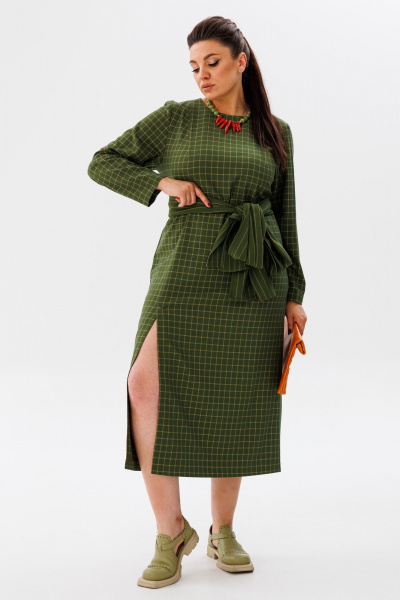 Элегантное изумрудное платье с поясом и разрезом Anelli 1314 аспарагус - фото 7