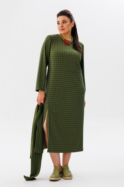 Элегантное изумрудное платье с поясом и разрезом Anelli 1314 аспарагус - фото 6