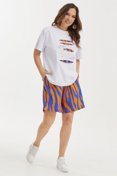 Платье с защипами и воланами из хлопка Магия моды 2438 белый_синий_оранж - фото 3