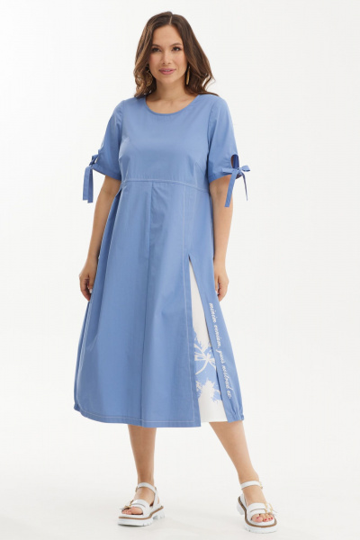 Платье А-силуэта из хлопка с карманами и длинным рукавом Магия моды 2445 голубой - фото 1