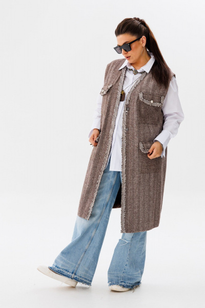 Жилет свободного кроя из текстиля с накладными карманами Anelli 1366 тауп - фото 6