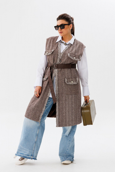 Жилет свободного кроя из текстиля с накладными карманами Anelli 1366 тауп - фото 5