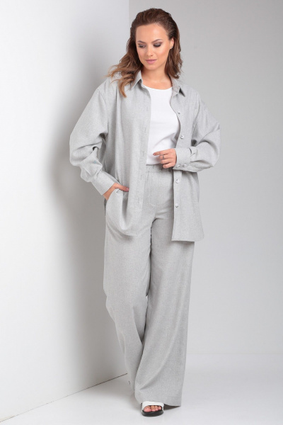 Костюм из хлопка с оверсайз рубашкой и свободными брюками Your size 2231 светло-серый - фото 2