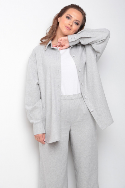 Костюм из хлопка с оверсайз рубашкой и свободными брюками Your size 2231 светло-серый - фото 7
