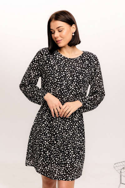 Платье из льна с эластичной тесьмой и коротким силуэтом Romgil РТ0033-ПЭ2 черный,молочный - фото 6