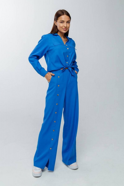 Летний льняной костюм: брюки на резинке и рубашка на пуговицах Gold Style 2626 голубой - фото 1