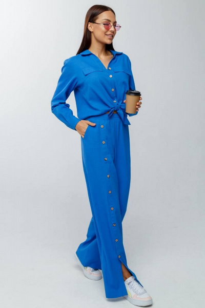 Летний льняной костюм: брюки на резинке и рубашка на пуговицах Gold Style 2626 голубой - фото 3