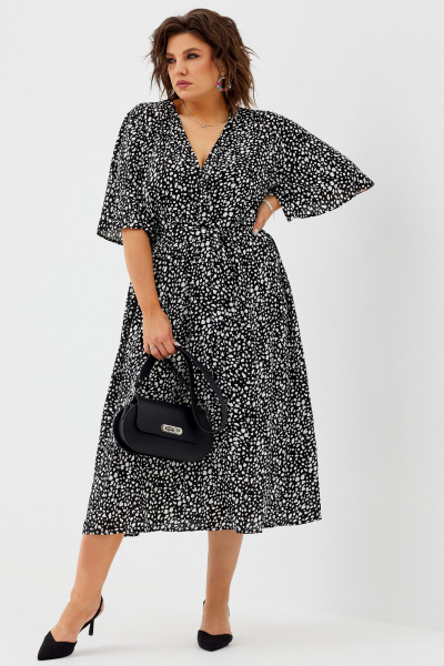 Легкое удлиненное платье с V-образным вырезом из вискозы BegiModa 1035 черно-белый - фото 8