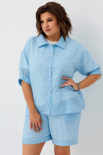 Комплект из блузы и шорт из хлопка для летних дней BegiModa 3064 голубой - фото 2