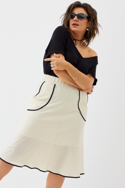 Стильная летняя юбка миди с эффектом жатки и накладными карманами BegiModa 5013 шампань - фото 8