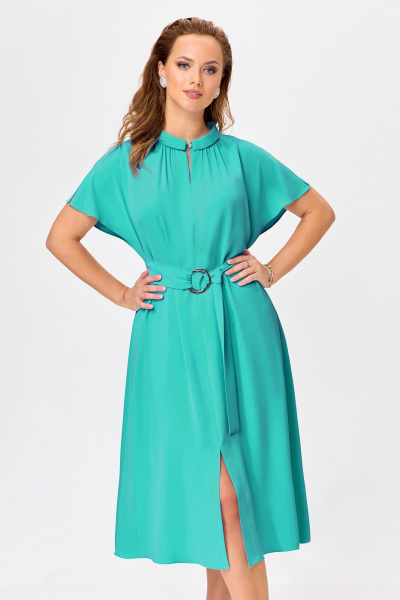 Платье А-силуэт с разрезами и поясом из приятной ткани Bazalini 4954 зелень - фото 2