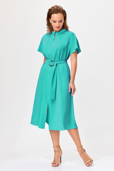 Платье А-силуэт с разрезами и поясом из приятной ткани Bazalini 4954 зелень - фото 1