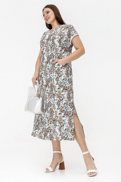 Платье с коротким рукавом из штапеля в цветовом исполнении La rouge 5457 капучино-(цветы) - фото 2
