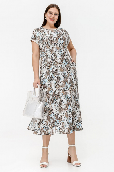 Платье с коротким рукавом из штапеля в цветовом исполнении La rouge 5457 капучино-(цветы) - фото 1