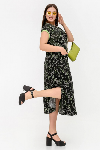 Черное платье трапециевидного силуэта из штапеля La rouge 5457 черный-(лайм) - фото 2