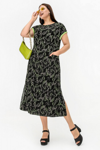 Черное платье трапециевидного силуэта из штапеля La rouge 5457 черный-(лайм) - фото 1