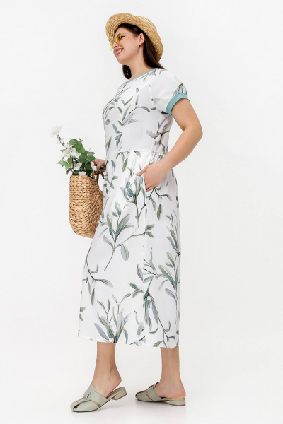 Летнее платье трапециевидного силуэта из набивного штапеля La rouge 5454 белый-(веточки) - фото 3