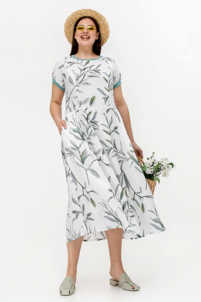 Летнее платье трапециевидного силуэта из набивного штапеля La rouge 5454 белый-(веточки) - фото 1
