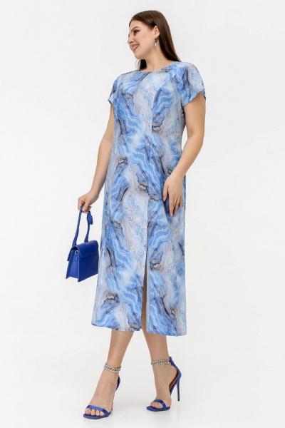 Платье реглан из штапеля с разрезом и застежкой La rouge 5462 голубой-набивной - фото 2