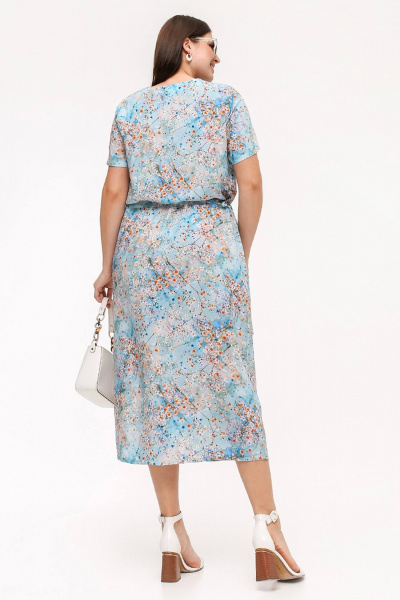 Платье прямого силуэта с короткими рукавами и разрезом La rouge 5463 голубой-(цветы) - фото 3