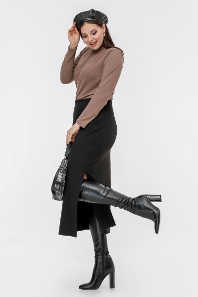 Юбка миди с высокой посадкой и разрезом из трикотажа La rouge 7062 черный - фото 3