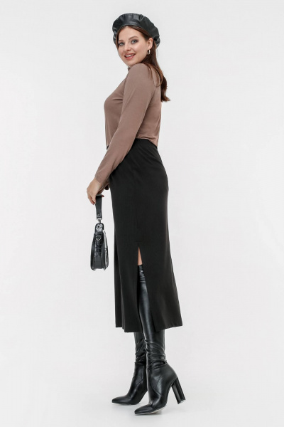 Юбка миди с высокой посадкой и разрезом из трикотажа La rouge 7062 черный - фото 2