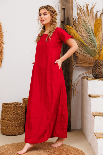 Леновое платье с накладными карманами и крылышками АМУЛЕТ 9724 красный - фото 2