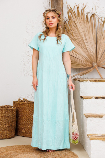 Бирюзовое платье из льна с карманами и складками АМУЛЕТ 9724 светлая_бирюза - фото 2