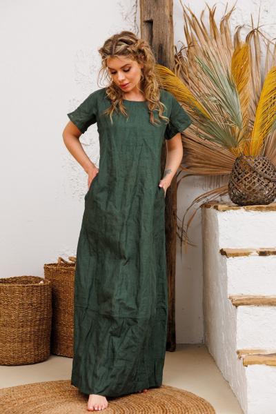 Зеленое леняное платье с функциональными карманами АМУЛЕТ 9724 изумрудный - фото 2