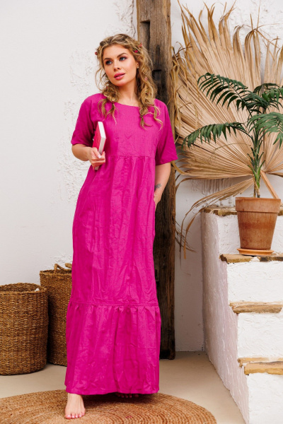 Платье летнее из льна и текстиля с сборками АМУЛЕТ 9735 фуксия - фото 1