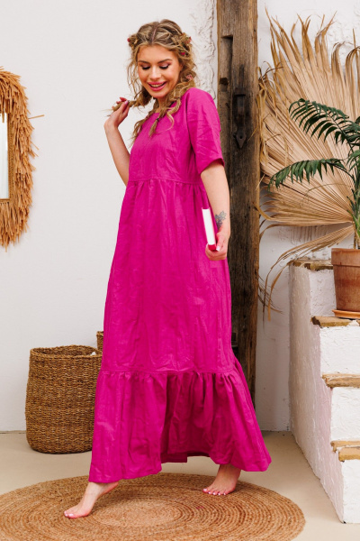 Платье летнее из льна и текстиля с сборками АМУЛЕТ 9735 фуксия - фото 2